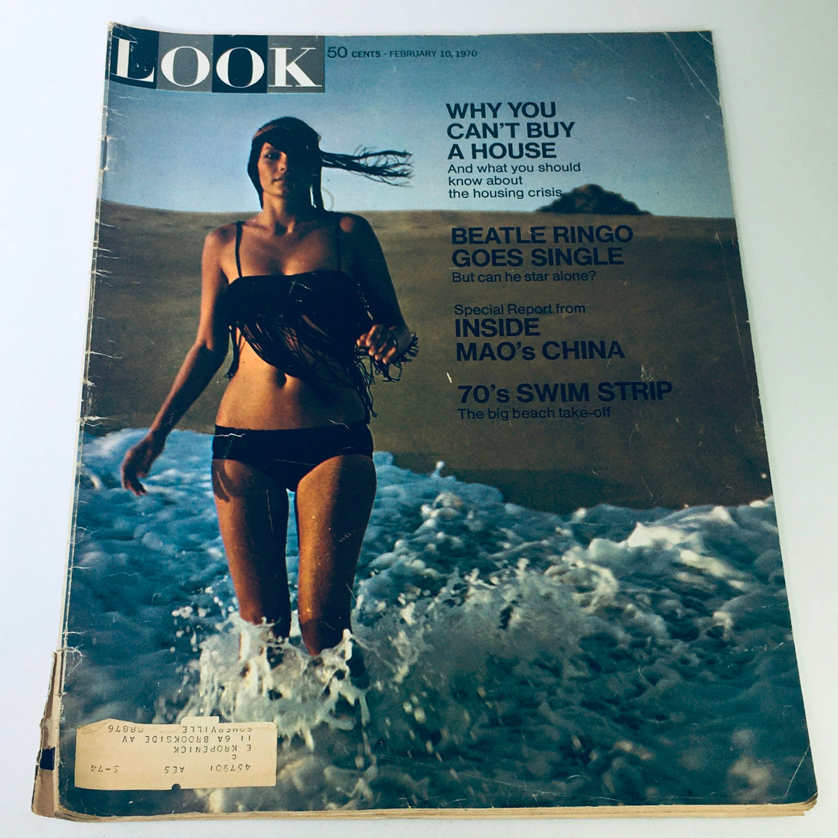 Cover of VTG Look Magazine February 10 1970 featuring a woman in a bikini on a beach, with headlines including 'Inside Mao Zedong's China' and 'Beatle Ringo Goes Single'. The magazine reflects 1970s cultural and political themes.