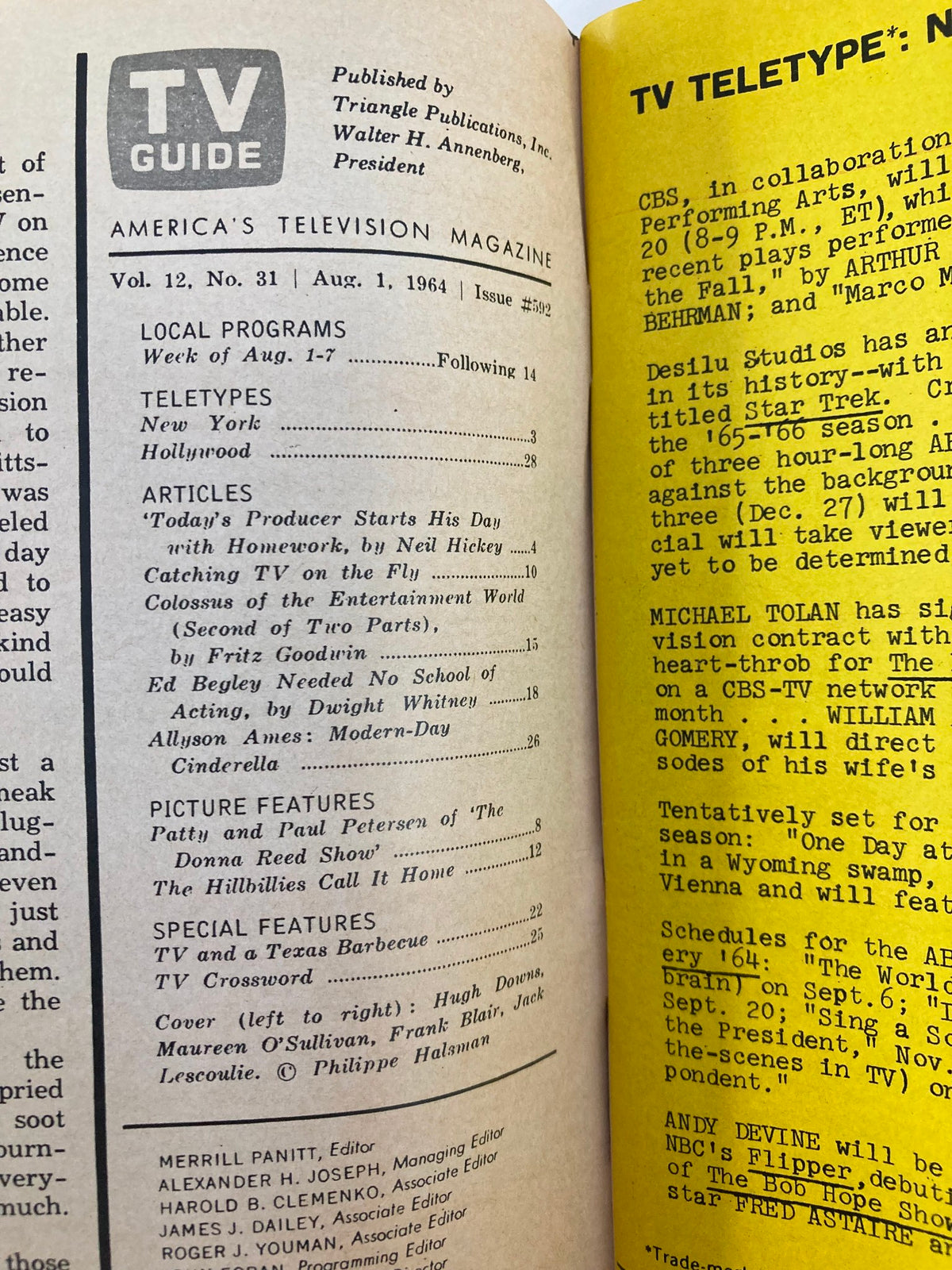 Inside page of TV Guide Magazine August 1 1964 detailing local programs and articles, highlighting the television landscape and features of the time.