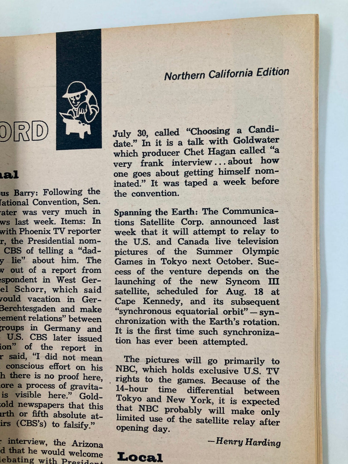 Page from TV Guide Magazine August 1, 1964 featuring articles related to television history and Northern California edition details.