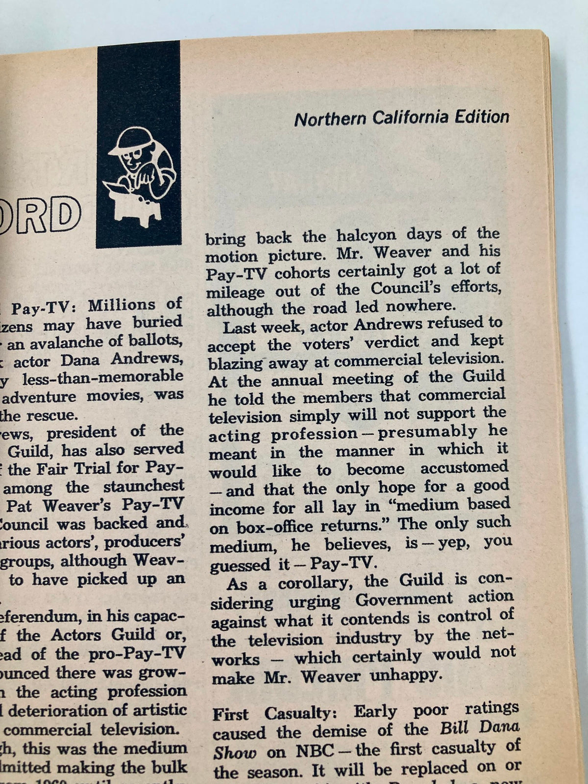 Interior page of TV Guide Magazine from November 21, 1964, featuring text about television industry updates, Northern California edition, showcasing vintage content related to Pay-TV and actor Dana Andrews.