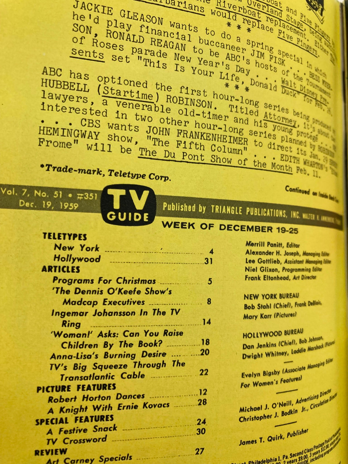 Interior page of TV Guide Magazine December 19 1959 showcasing program listings and articles related to the television content of that week.