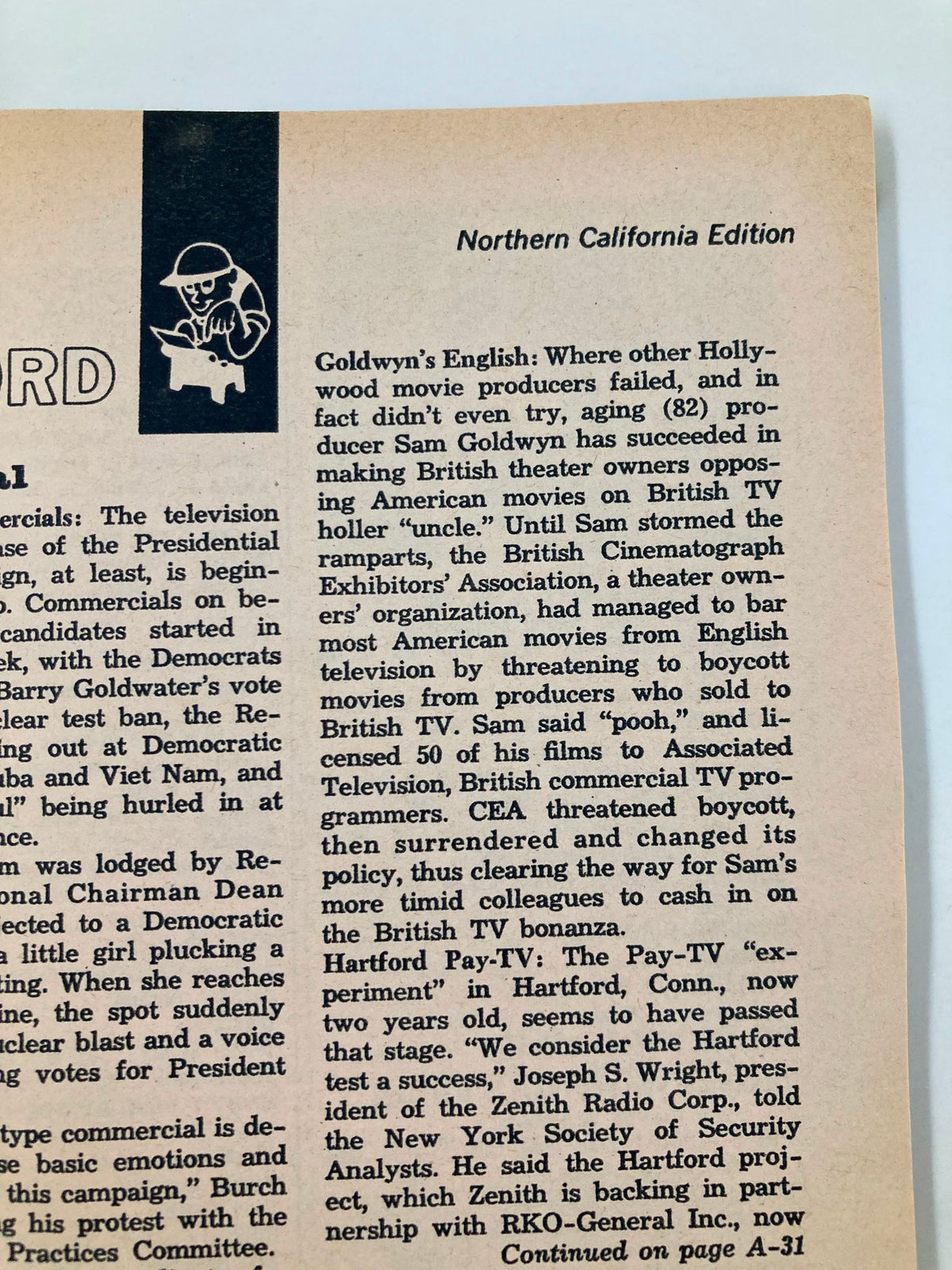 Inside page of TV Guide Magazine September 26 1964 highlighting Northern California edition, discussing Hollywood movie producers and British TV, featuring Dan Blocker. A collectible item for vintage magazine enthusiasts.