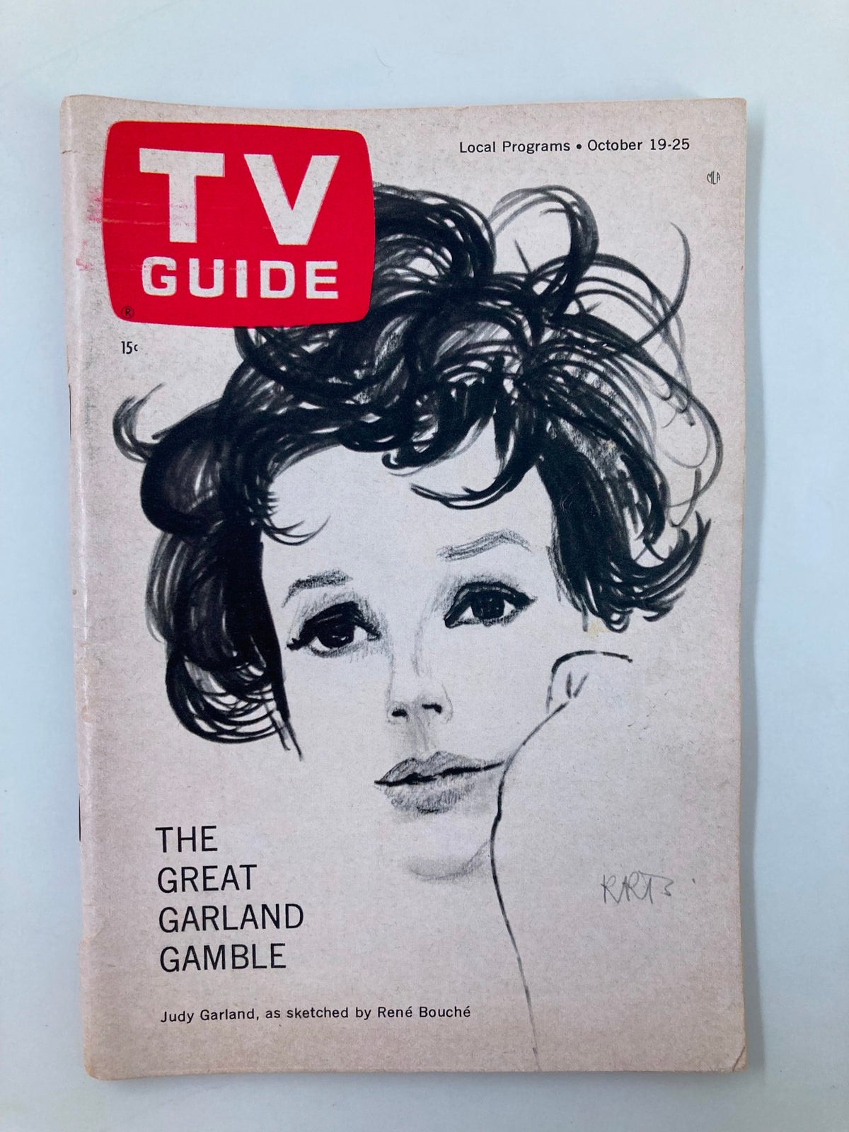 Cover of TV Guide Magazine October 19, 1963 featuring a sketch of Judy Garland, titled 'The Great Garland Gamble'. This Northern California edition showcases classic television history.