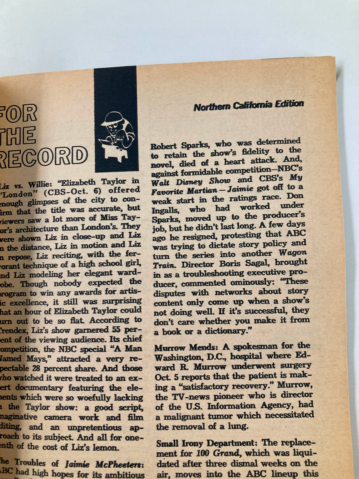 Another inside page from TV Guide Magazine October 19, 1963, discussing various television shows and news during that time, including a section titled 'For the Record'.