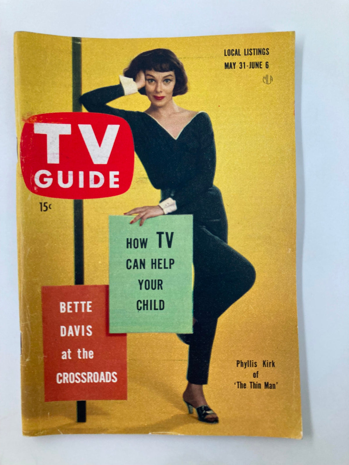 TV Guide Magazine May 31 1958 cover featuring actress Phyllis Kirk, showcasing the title 'How TV Can Help Your Child' with Bette Davis at the crossroads.