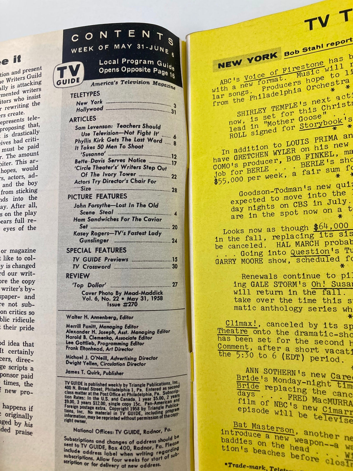 TV Guide Magazine May 31 1958 contents page detailing articles and features, highlighting TV programming for the week.