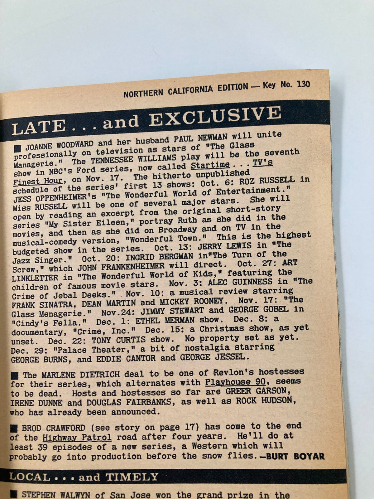 Late and Exclusive section from the TV Guide Magazine August 29 1959 featuring exclusive television programming information. Includes mentions of stars like Joanne Woodward and Paul Newman, and insights into upcoming shows and schedules, highlighting the cultural significance of this Northern California edition.