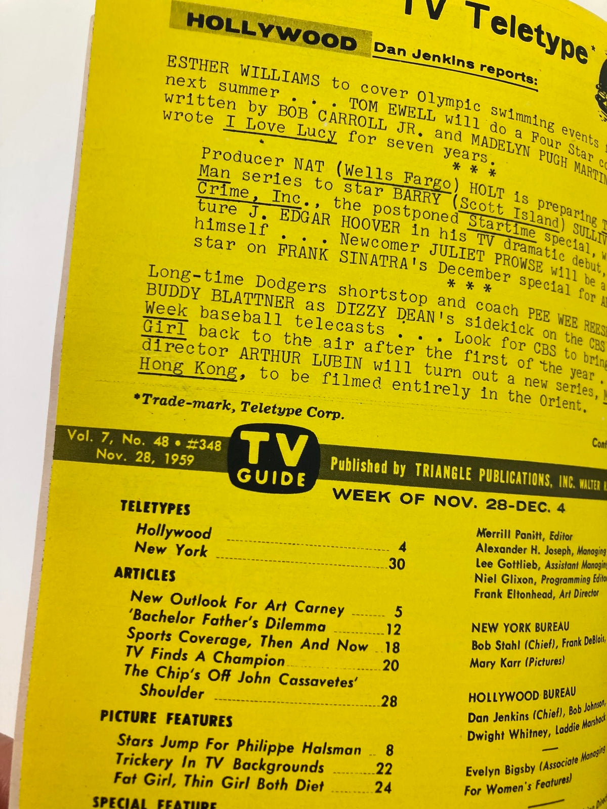 Inside page from TV Guide Magazine November 28 1959 showing articles on television programming and Hollywood updates, capturing the essence of mid-20th century entertainment culture.