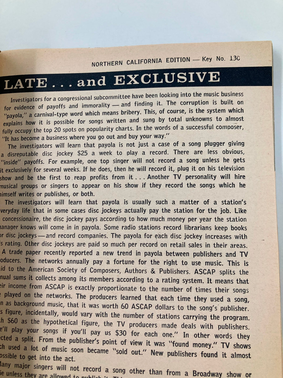 Exclusive feature from the Northern California edition of TV Guide Magazine dated November 28 1959 discussing payola in the music industry, showcasing the investigative style of vintage journalism.