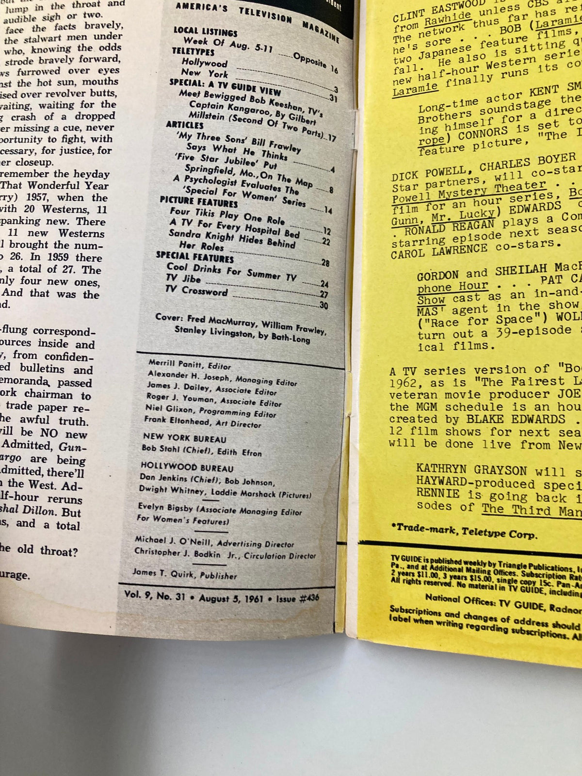 Inside pages of the TV Guide Magazine August 5, 1961, including listings and articles about television shows. This page highlights the cultural significance of television during the 1960s, featuring Fred MacMurray on the cover.