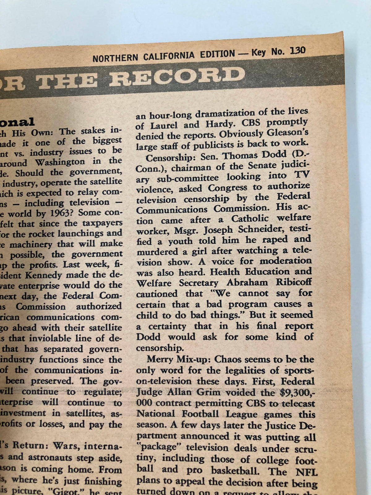 Vintage magazine page from 'TV Guide Magazine August 5, 1961,' featuring text discussing television censorship issues and entertainment trends, highlighting the cultural significance of TV in the 1960s.