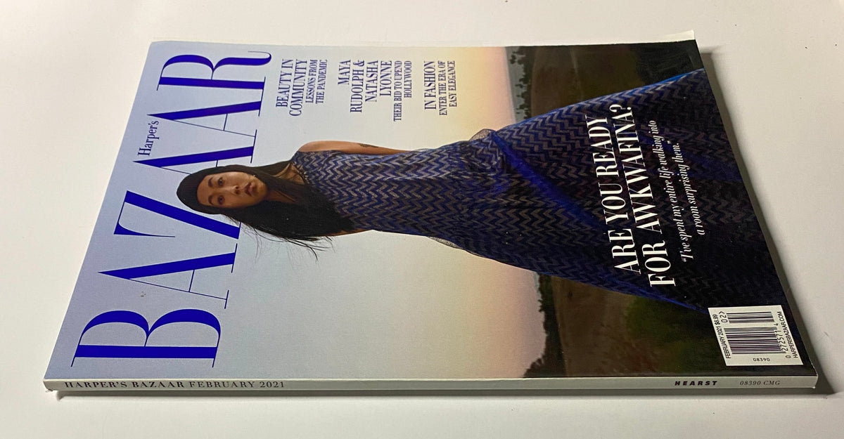 Cover of Harper's Bazaar Magazine February 2021 featuring Awkwafina in a stunning portrait, showcasing her fashion sense and the magazine's title prominently displayed.