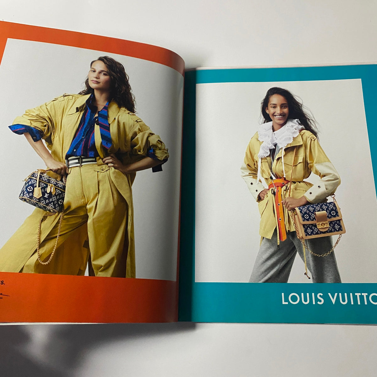 Fashion spread from Harper's Bazaar Magazine February 2021 featuring a model in stylish Louis Vuitton outfit along with a chic handbag, showcasing the latest trends.