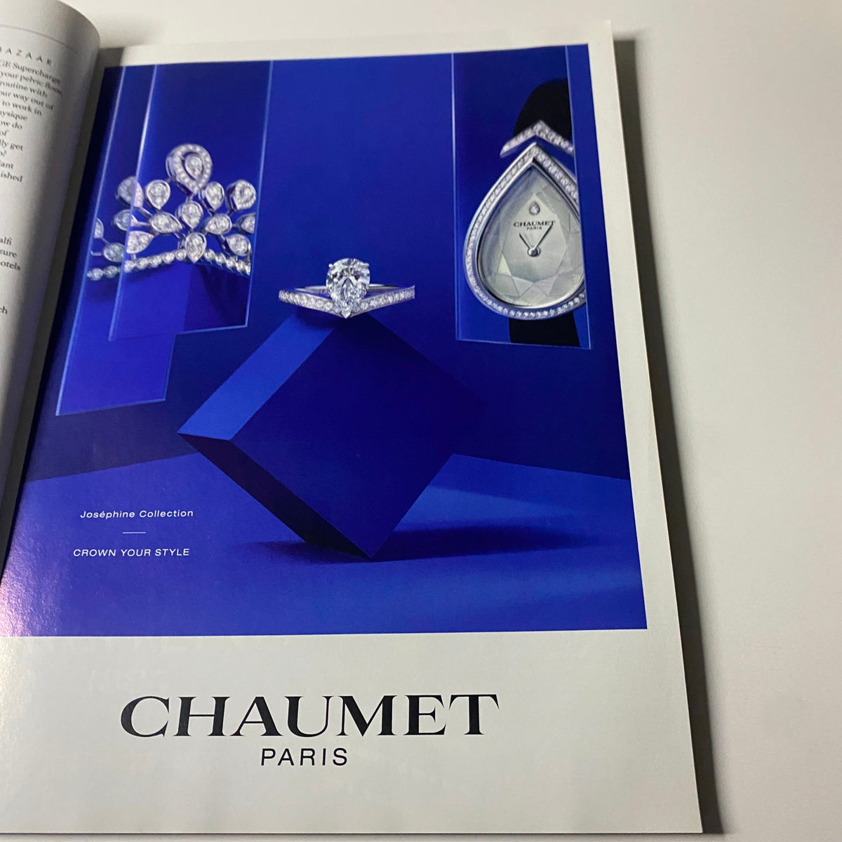 Luxury advertisement page in Harper's Bazaar UK Magazine August 2021 showcasing the Chaumet Paris Josephine Collection jewelry.