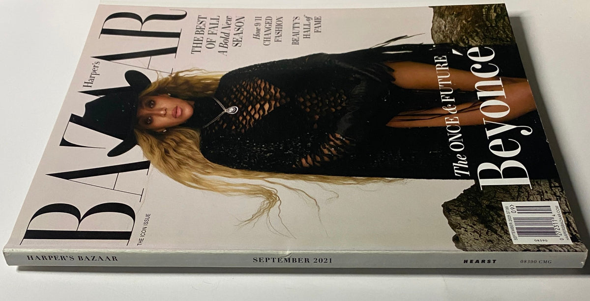 Side view of Harper's Bazaar Magazine September 2021 with Beyoncé on the cover, displaying the title 'The Once & Future Beyoncé.' A visually striking representation of contemporary fashion.