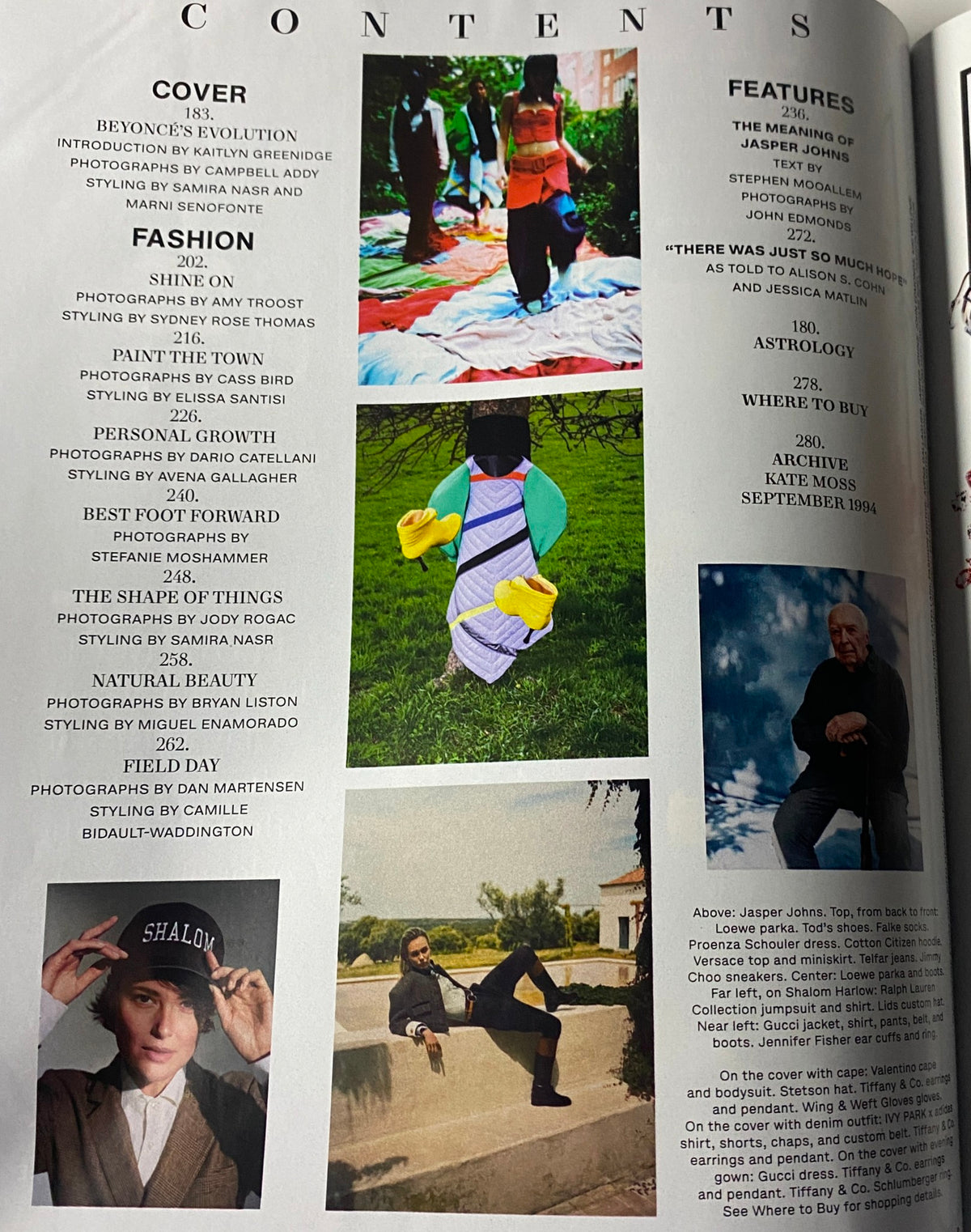 Table of contents of Harper's Bazaar Magazine September 2021 featuring Beyoncé on the cover, summarizing fashion editorials and cultural features.