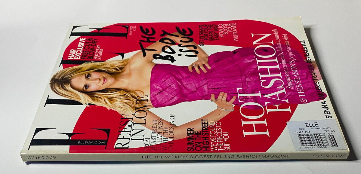 Alternate view of the cover of Elle UK Magazine June 2009 showcasing Reese Witherspoon in a vibrant pink dress, emphasizing 'Hot Fashion' and beauty features of the season.
