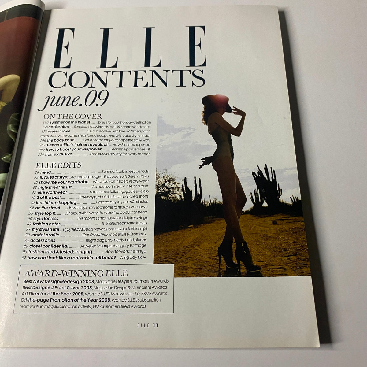 Inside page of Elle UK Magazine June 2009 displaying the table of contents with a silhouette image, summarizing key features including summer fashion and beauty tips.