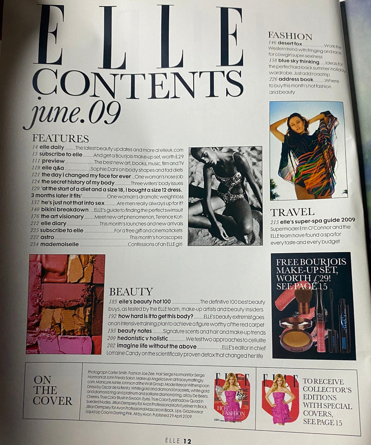 Another inside page of Elle UK Magazine June 2009 highlighting more contents with a focus on features, travel tips, and beauty recommendations.