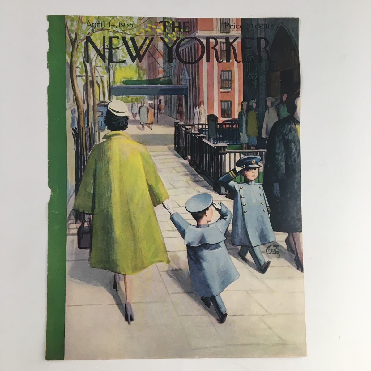 COVER ONLY The New Yorker April 14, 1956. Original magazine cover designed by Arthur Getz, showcasing a colorful street scene with figures dressed in mid-century fashion.