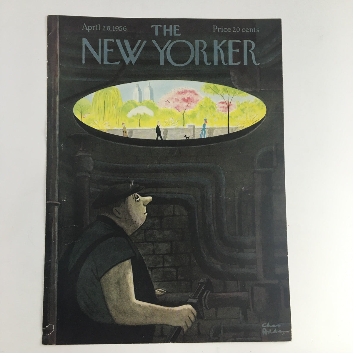 COVER ONLY The New Yorker April 28 1956 Full Cover Theme by Chas Addams, showcasing a whimsical scene viewed through a circular opening, featuring a character looking up from a subway or underground setting.