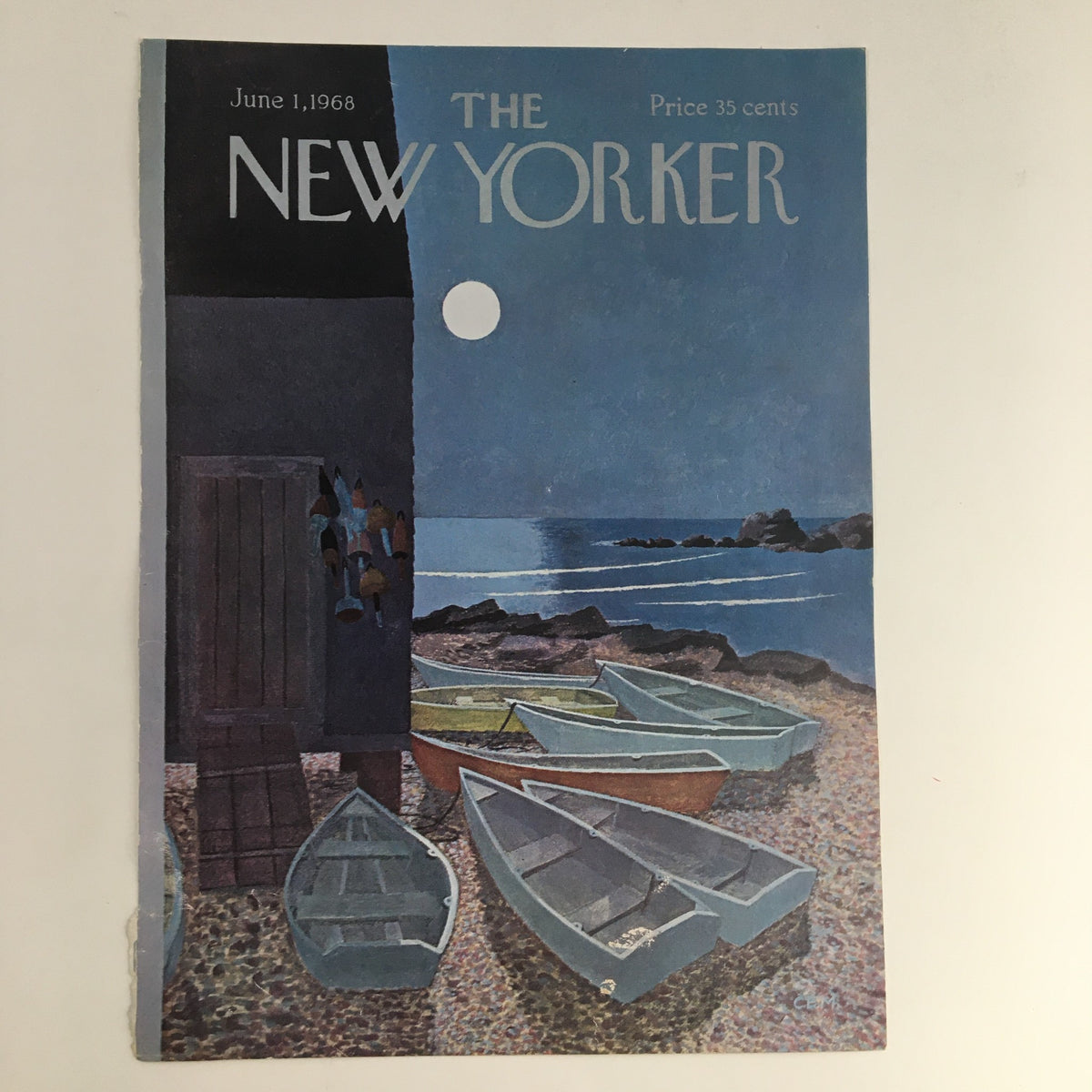 Cover of The New Yorker dated June 1, 1968, featuring boats on a rocky shore with a blue sky and moon, designed by Charles E. Martin.