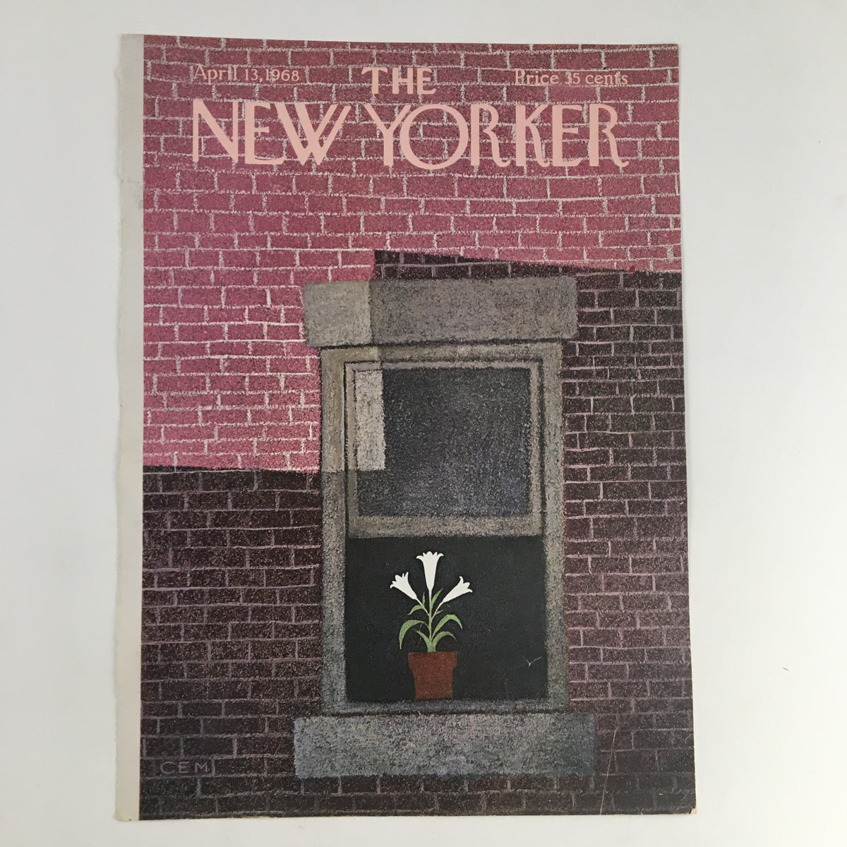The New Yorker cover dated April 13, 1968, designed by Charles E. Martin, showcasing a flower in a pot on a window with a distinctive pink and brown brick backdrop.