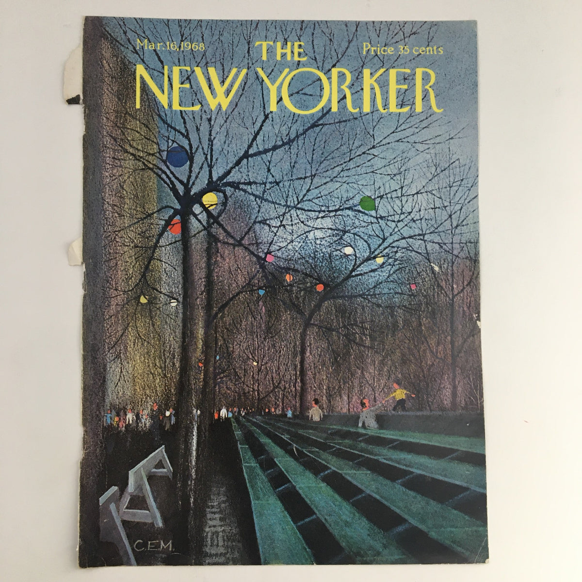 Cover of The New Yorker March 16, 1968, showcasing artistic design by Charles E. Martin, illustrating a lively street scene with festive lights among trees.