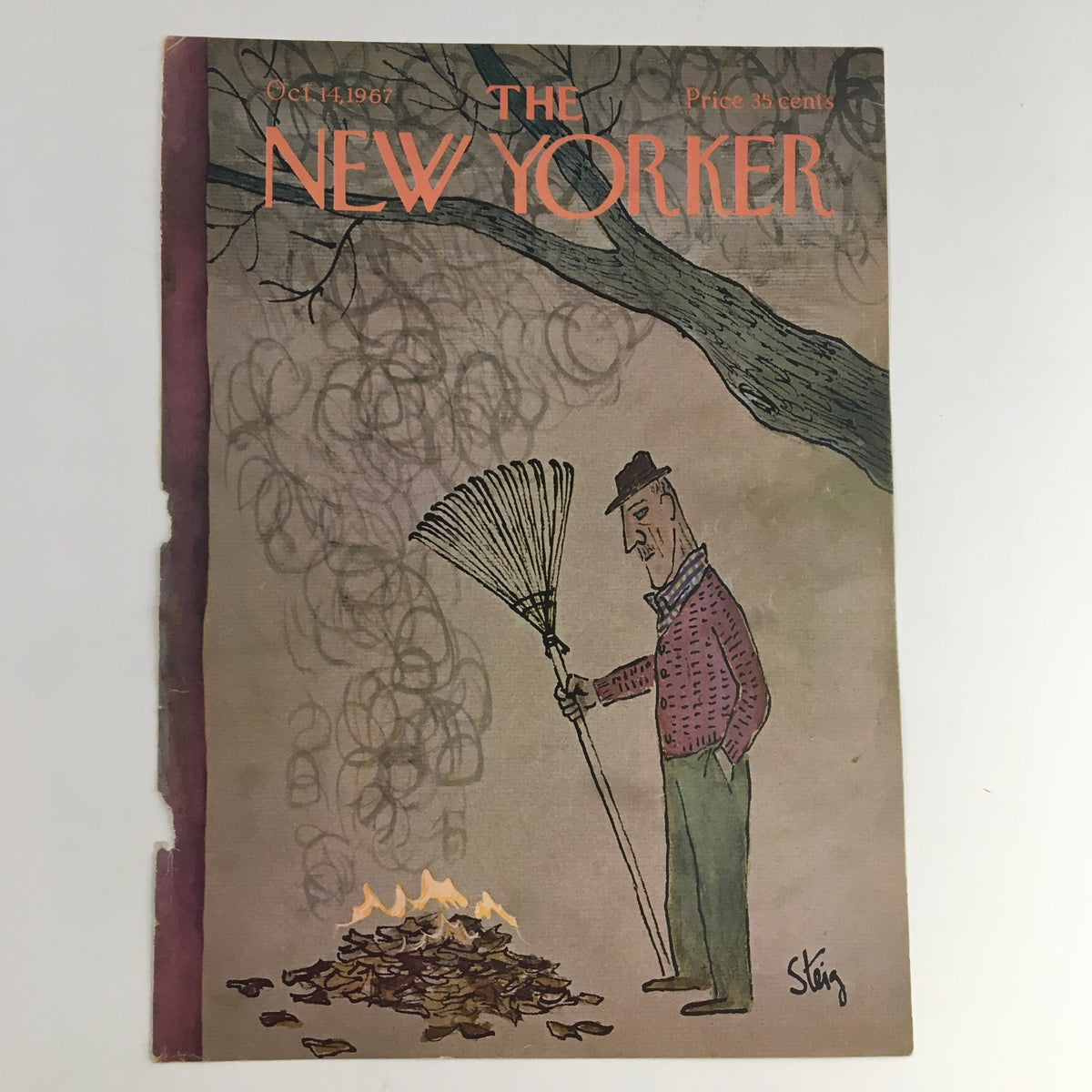 The New Yorker cover from October 14, 1967 illustrated by William Steig, showcasing a man raking leaves near a small fire.