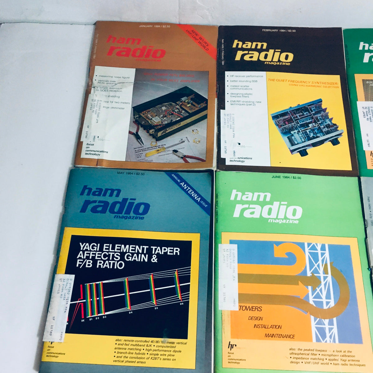 Cover of Ham Radio Magazine January 1984, highlighting topics on measuring noise figure and featuring a circuit diagram, part of the lot of 12 complete January to December 1984 Ham Radio volumes.