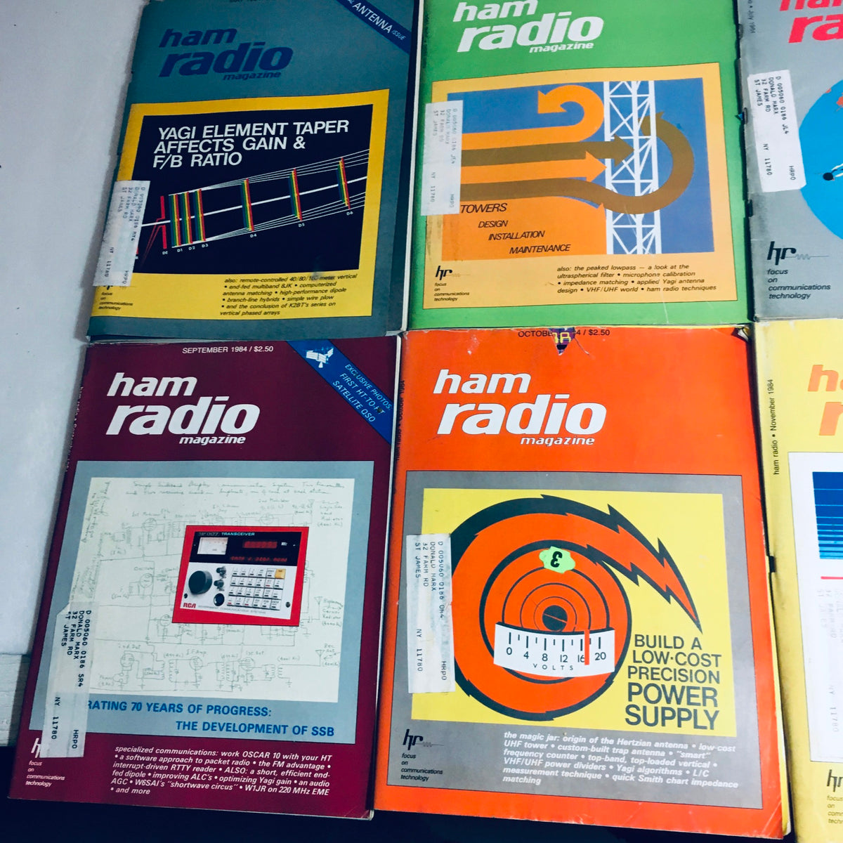 Cover of Ham Radio Magazine May 1984, focusing on Yagi element taper affecting gain and F/B ratio, part of the lot of 12 complete January to December 1984 Ham Radio volumes.