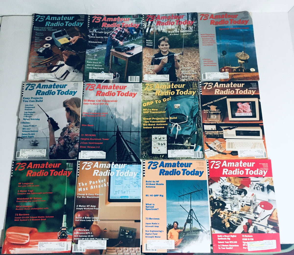 Lot of 12 Complete January to December 1992 73 Amateur Radio Volume 1 to 12 magazines featuring various covers related to amateur radio projects and reviews.