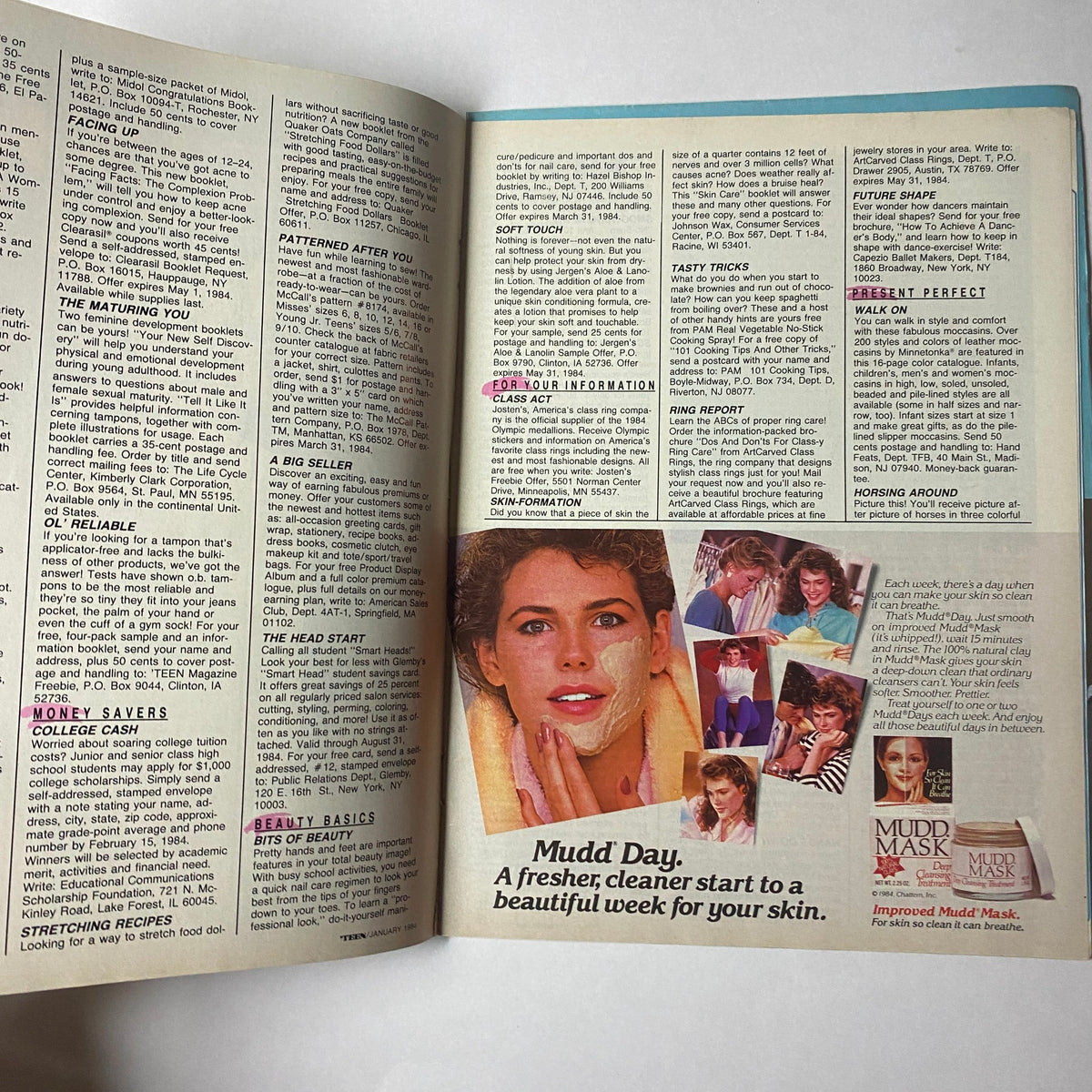 'Teen Magazine January 1984 Vol 28 No. 1 interior page focusing on beauty advice with a featured model, emphasizing skincare tips and retro aesthetics.