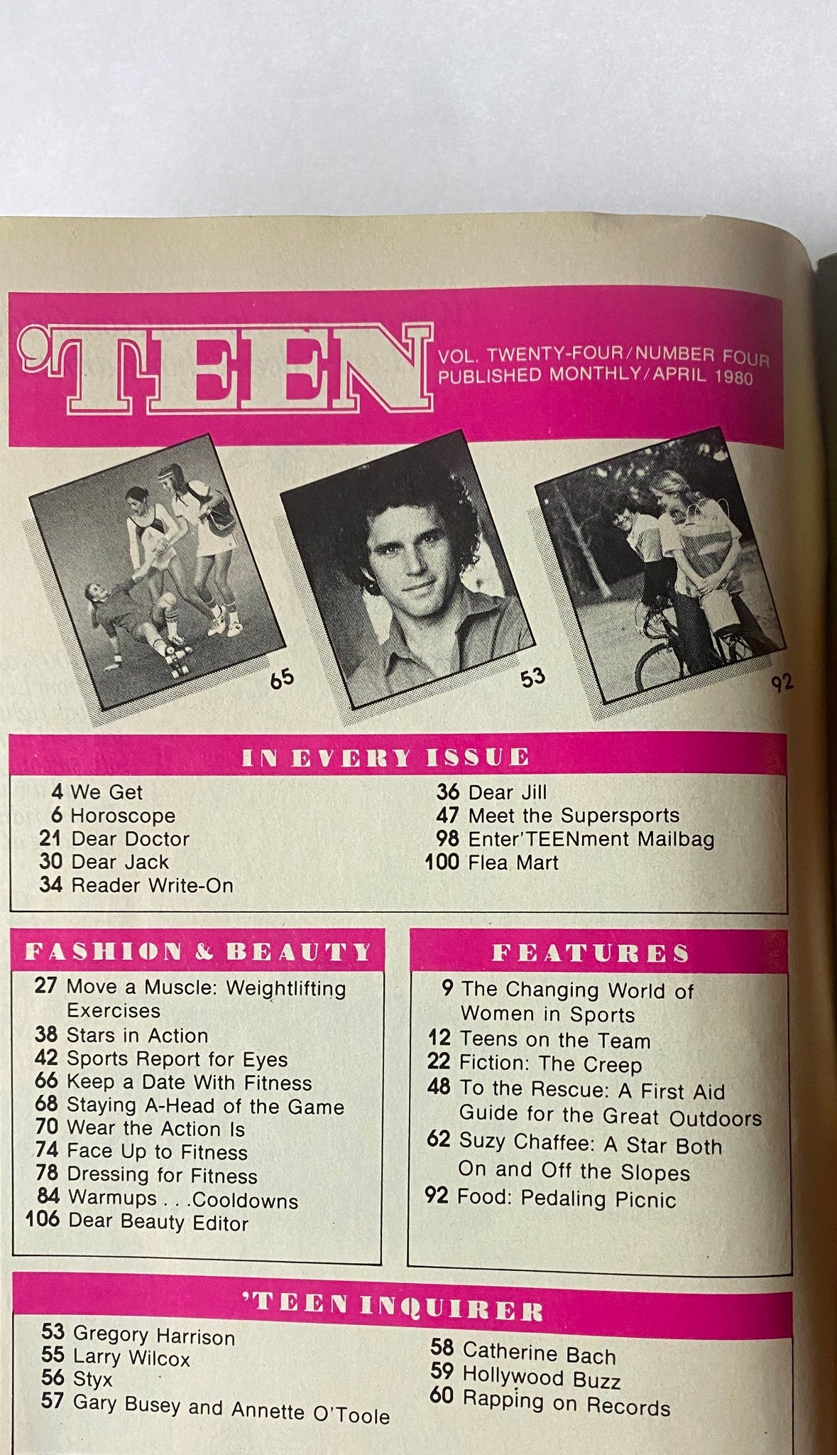 'Teen Magazine April 1980 Vol 24 No. 4 - Fitness Forever Complete Activity Guide table of contents outlining features, beauty tips, and fitness advice for active teens.