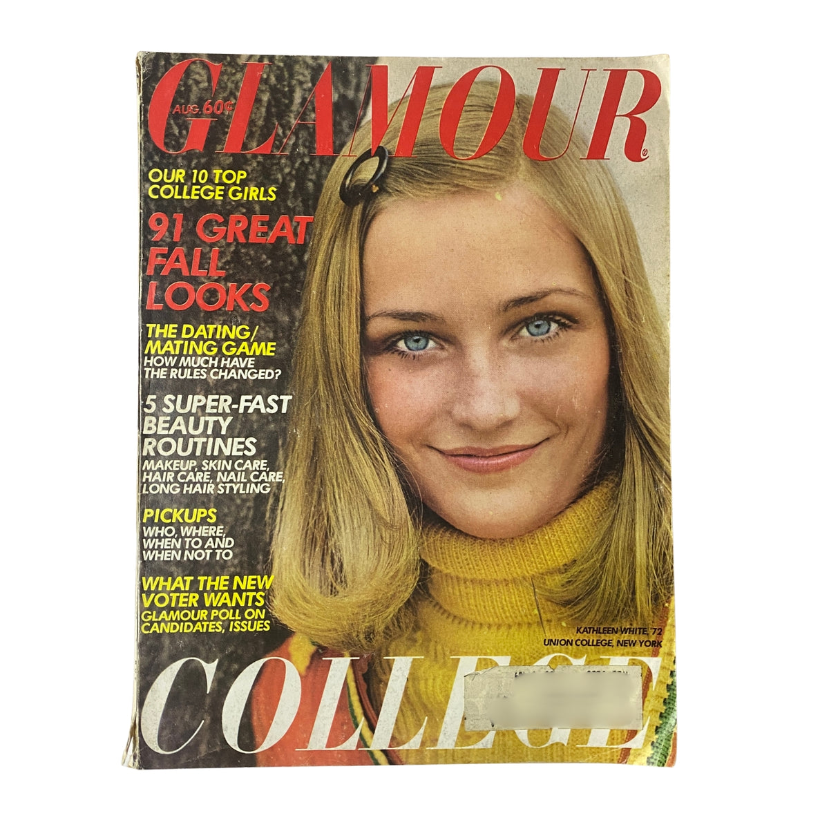Glamour Magazine August 1972 cover featuring Kathleen White with a headline about 10 top college girls and fall fashion looks.