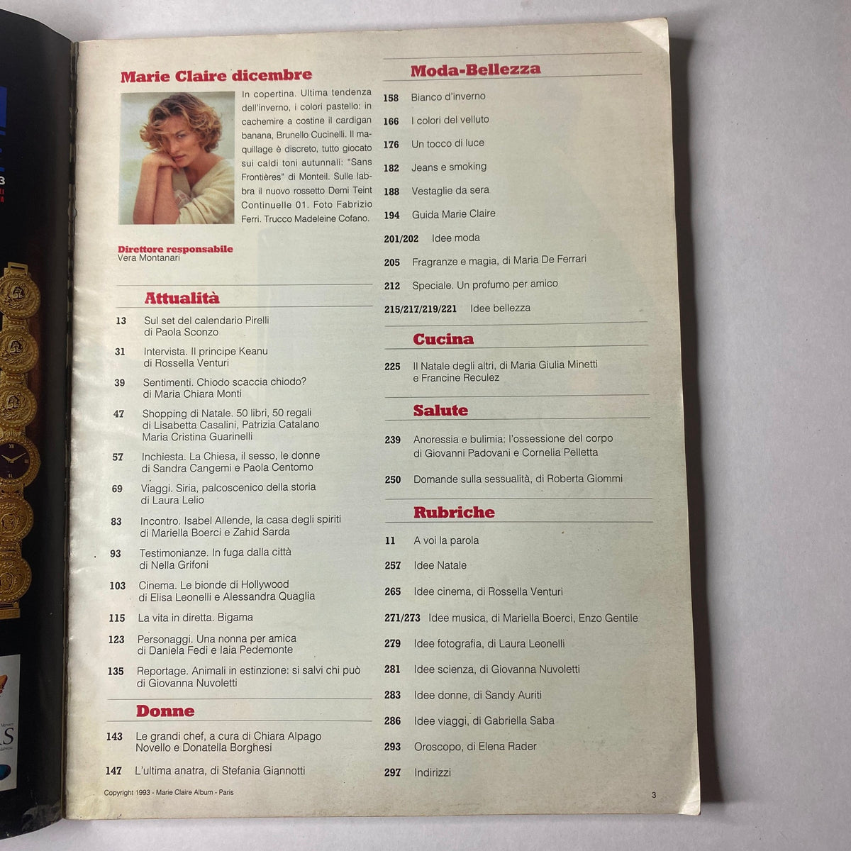 Contents page of Marie Claire Italia, December 1993 edition, featuring an overview of topics including fashion, beauty, current affairs, and women's issues, showcasing the magazine's editorial focus.