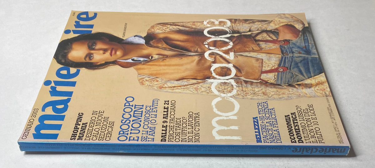 Side view of Marie Claire Italia January 2003 magazine showcasing Filippa Hamilton on the cover, emphasizing fashion and lifestyle topics.