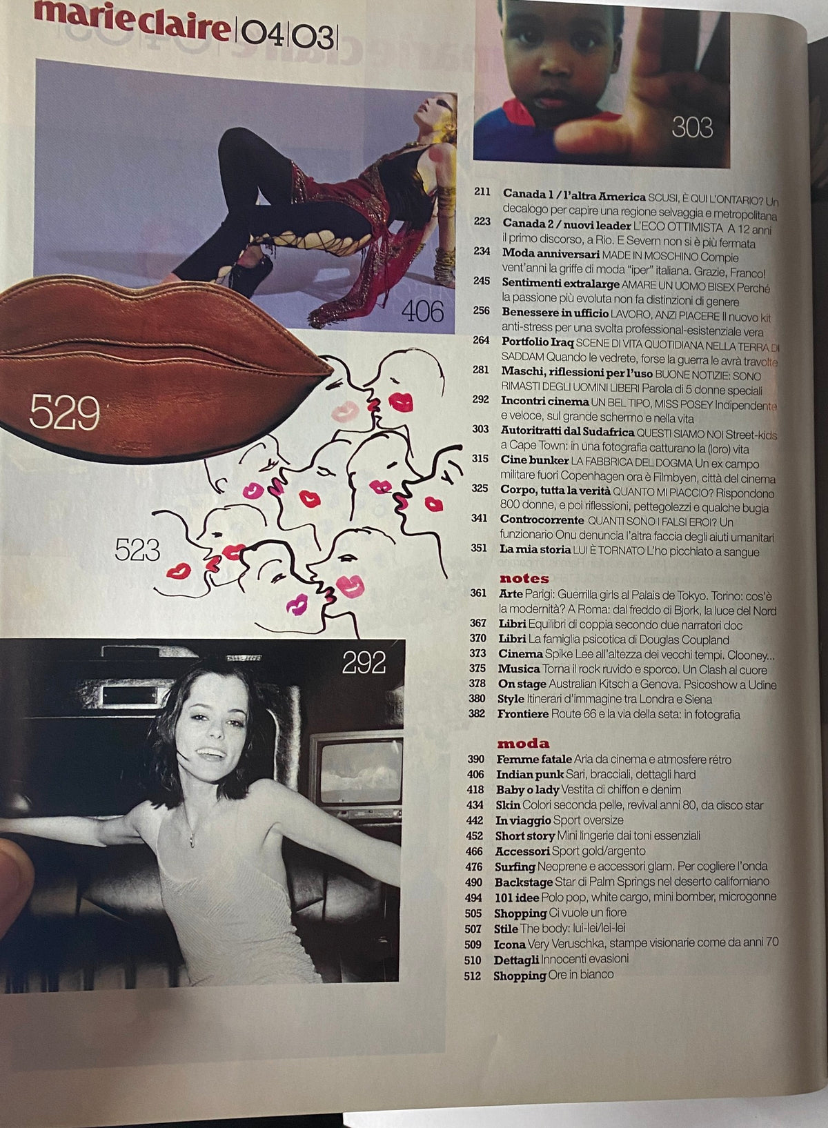 Another inside page from Marie Claire Italia Magazine April 2003, presenting an artistic collage featuring bold designs, lips, and models.