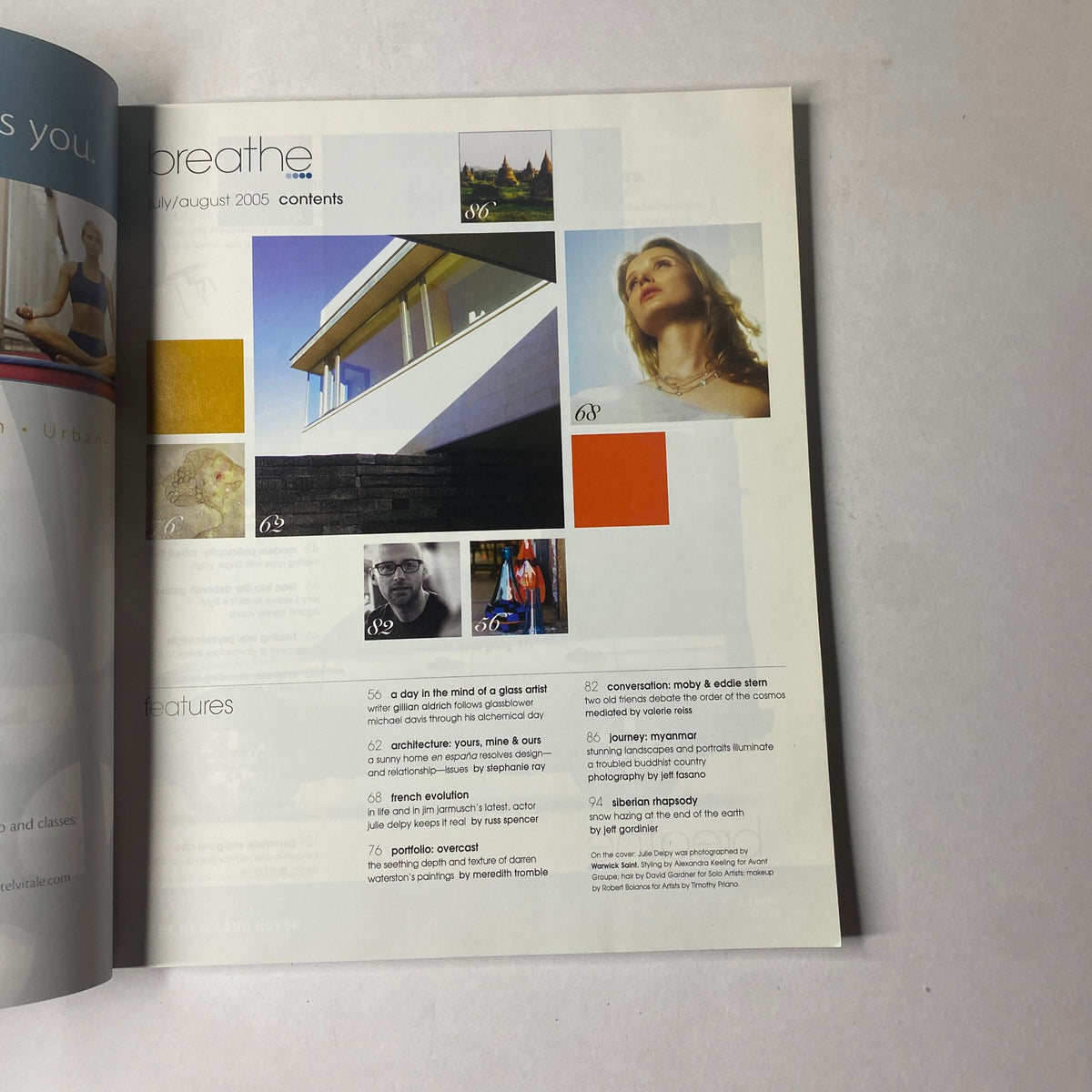 Contents page of Breathe Magazine July - August 2005 featuring articles including 'A Day in the Mind of a Glass Artist', 'Architecture: Yours, Mine & Ours', and a profile of Julie Delpy on the cover.