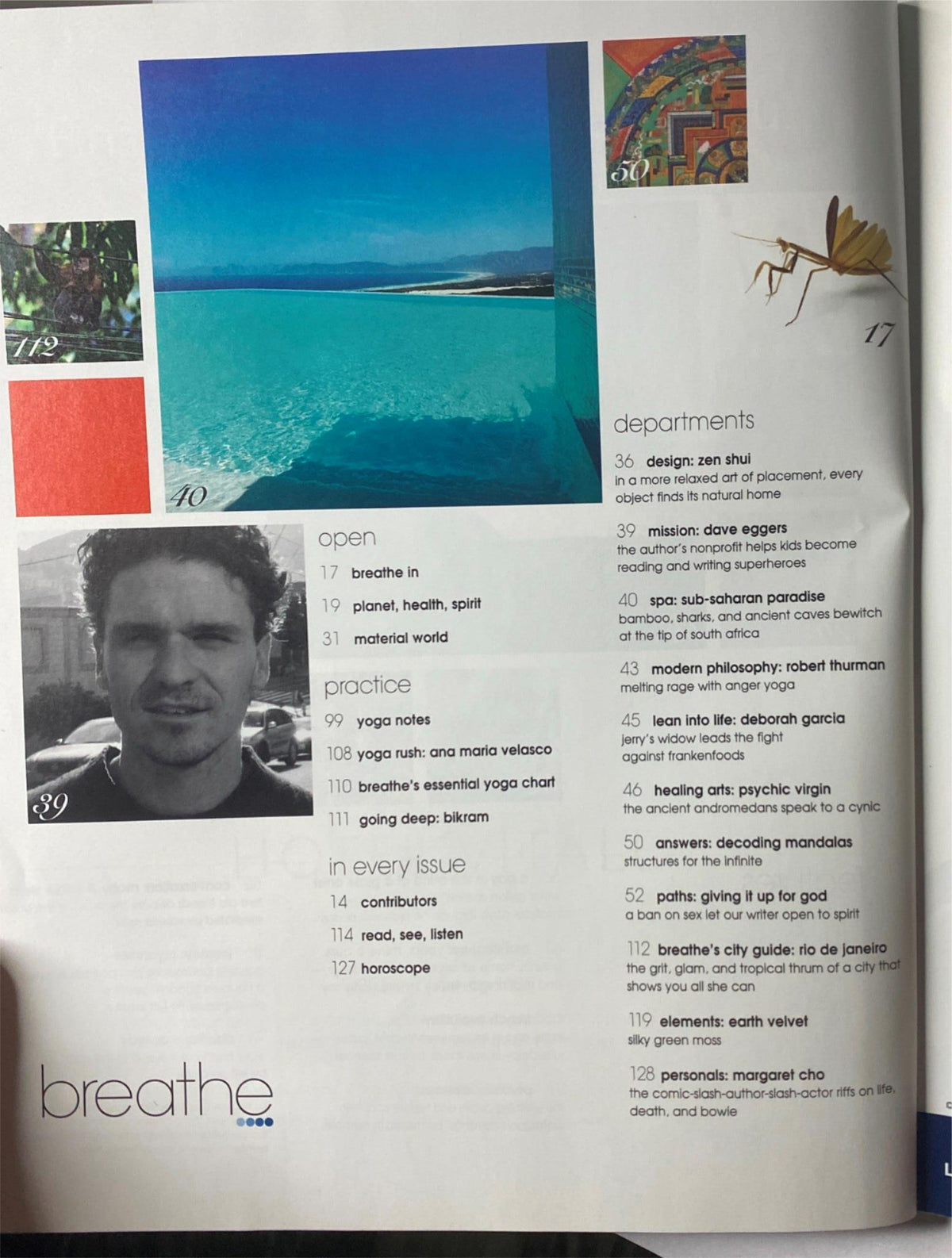 Open page of Breathe Magazine July - August 2005 showcasing vibrant imagery and articles on health, spirituality, and yoga practices.