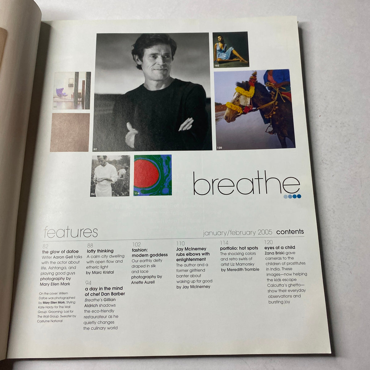 Interior page from Breathe Magazine January-February 2005 featuring the contents list and highlights with photos. This issue includes features like 'The Glow of Dafoe' and contributions from artists and writers related to mindful living.