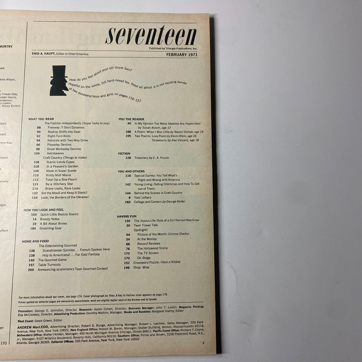 Table of contents for Seventeen Magazine, February 1971, featuring articles on youth culture, fashion, beauty, and more from the '70s.