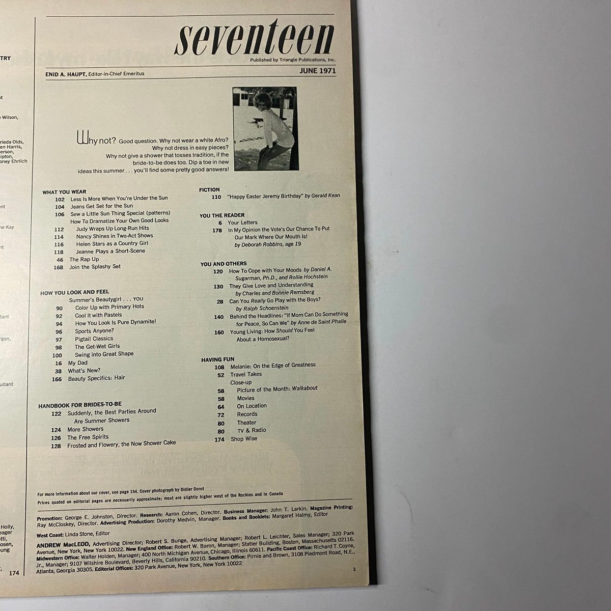 Seventeen Magazine June 1971 featuring a table of contents, highlighting various sections such as youth culture and fashion. Title: Seventeen Magazine June 1971 Happy Easter Jeremy Birthday No Label VG.