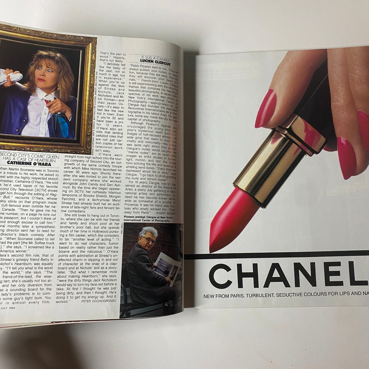 Elle Magazine July 1986 No. 11 Kersti Bowser Cover displays an article featuring Catherine O’Hara alongside a striking image of Chanel lipstick in a vibrant pink color.
