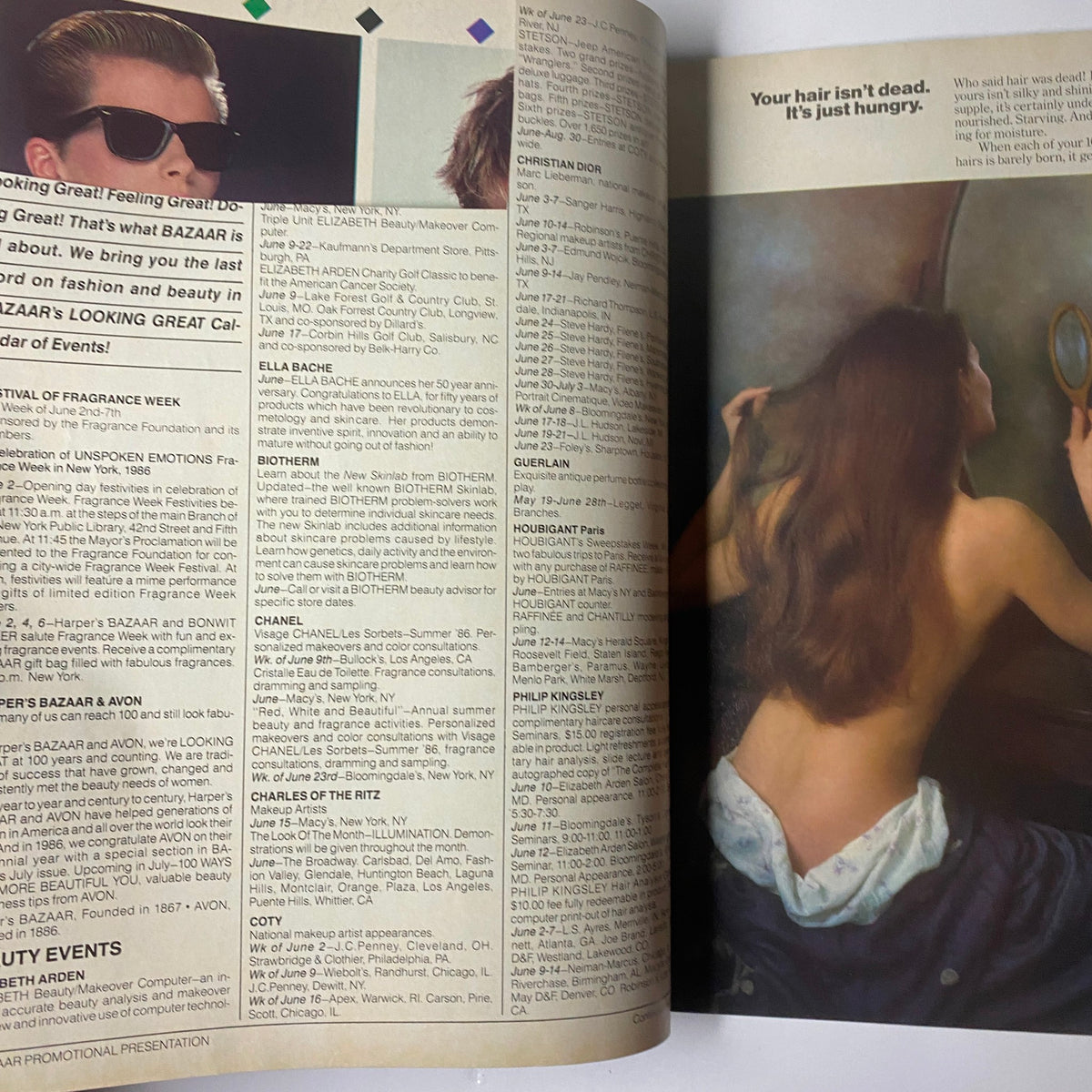 Harper's Bazaar Magazine June 1986 Kirsten Allen Cover featuring a beauty tips page with an artistic photograph of a woman looking into a mirror, emphasizing hair care and beauty products.