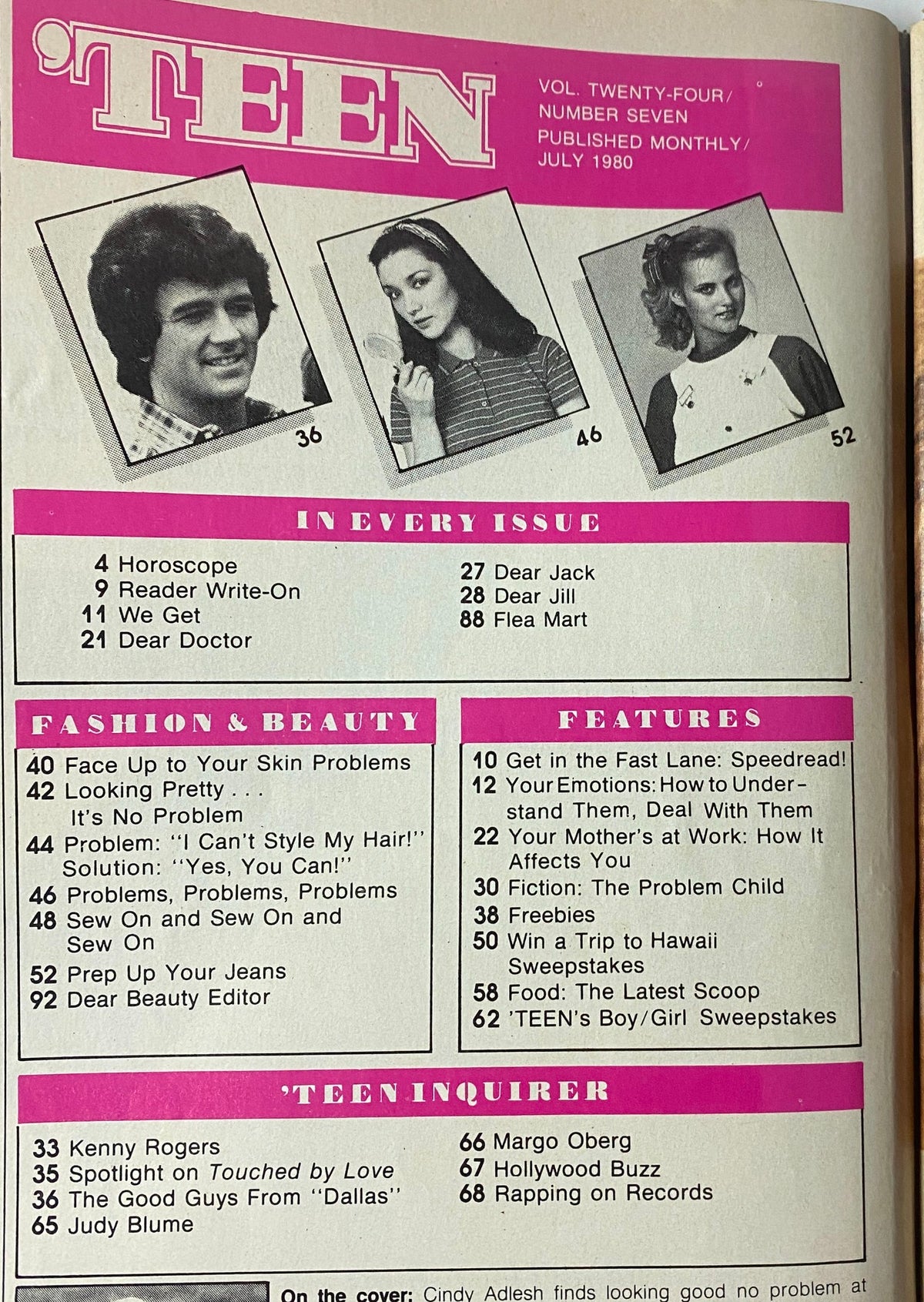 Inside view of Teen Magazine July 1980 Volume 24 Number 7, listing articles and features such as horoscopes, fashion advice, and celebrity profiles including Judy Blume and Kenny Rogers.
