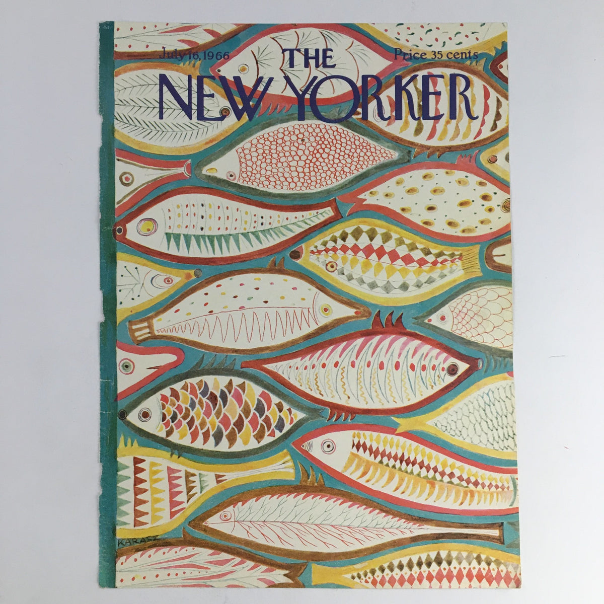 The New Yorker cover from July 16, 1966, displaying a unique and colorful fish design by Ilonka Karasz, highlighting playful patterns and a bright color palette.