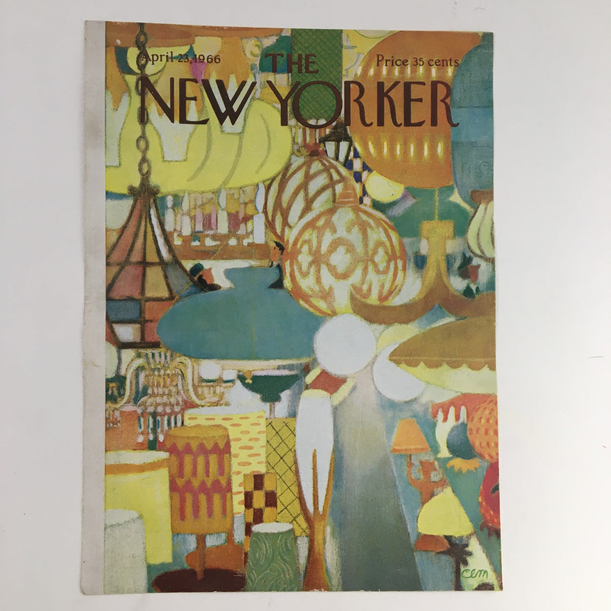 Authentic cover of The New Yorker dated April 23 1966, illustrating a vibrant artistic scene with decorative lamps, designed by Charles E. Martin.