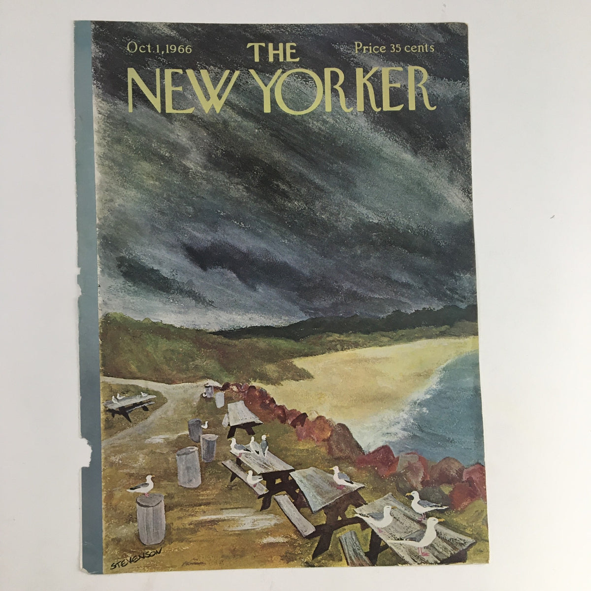 The New Yorker cover from October 1, 1966, showcasing a coastal landscape with gulls and outdoor tables, designed by James Stevenson.