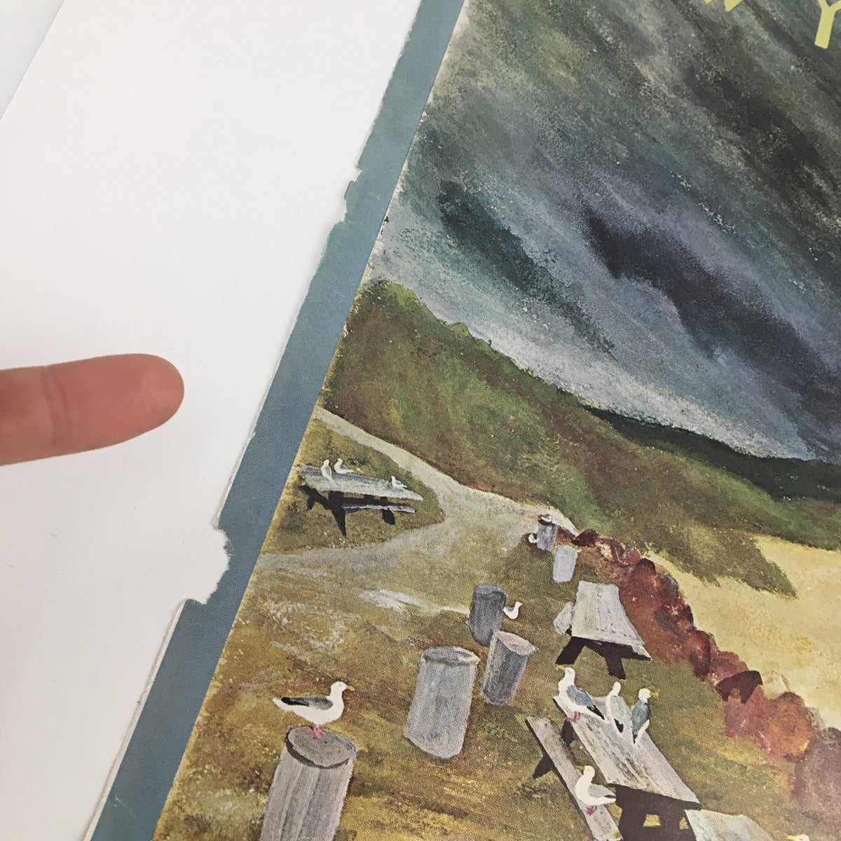 Close-up view of The New Yorker October 1, 1966 cover highlighting details of the beach scene by James Stevenson, with visible wear.